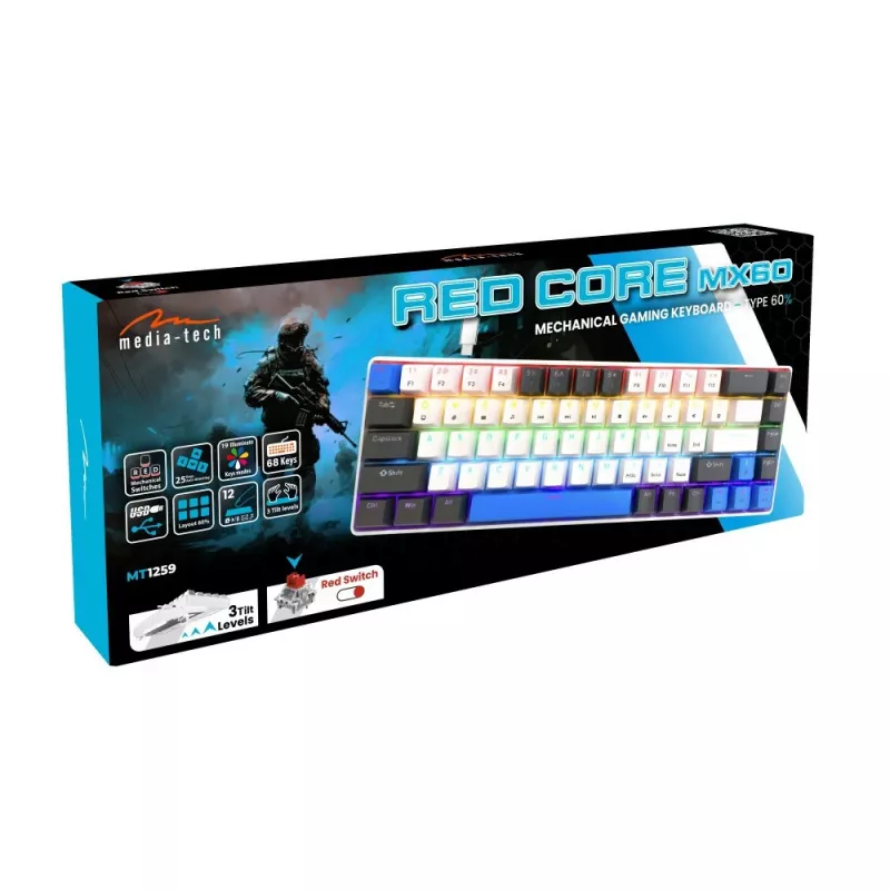 Mechaninė klaviatūra MEDIA-TECH MT1259 Red Core MX60, 60 % formos faktorius, CHERRY MX Red jungikliai, RGB apšvietimas, USB, aukšto profilio klavišai