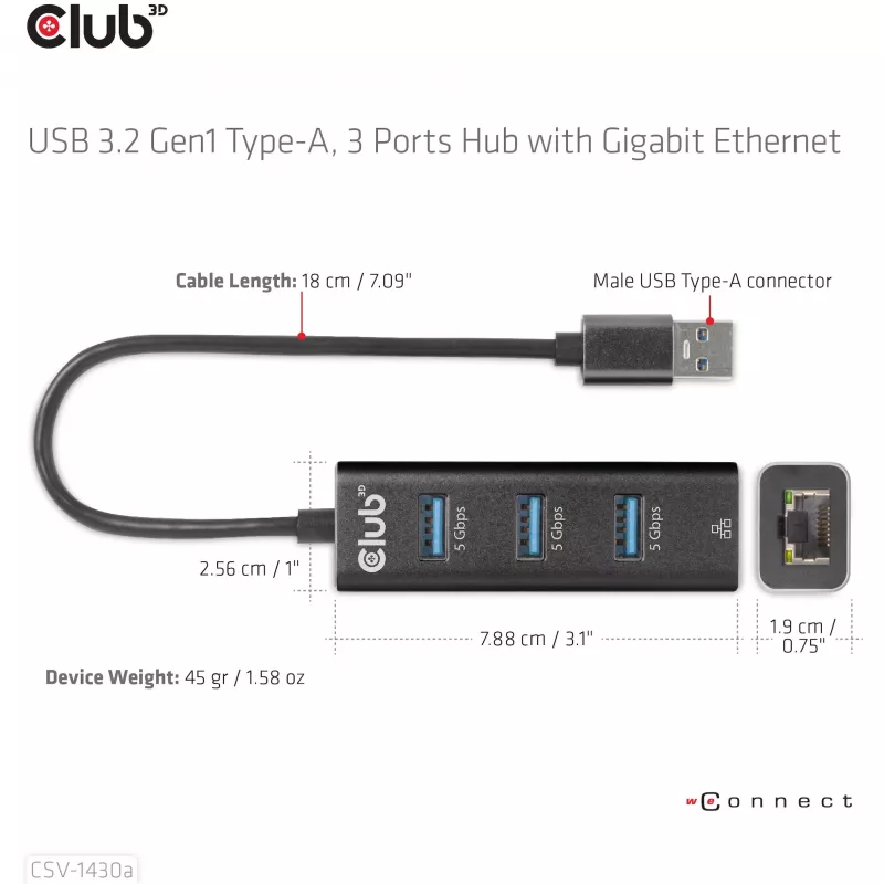 USB 3.2 Gen1 3 prievadų USB-A šakotuvas su Gigabit Ethernet – CLUB3D CSV-1430a