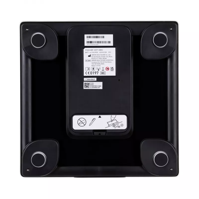 Elektrinės asmeninės svarstyklės Omron VIVA – kvadratinės, juodos, iki 150 kg, 100 g tikslumas, kūno riebalų/KMI/BMR matavimas, 30 vartotojų atmintis