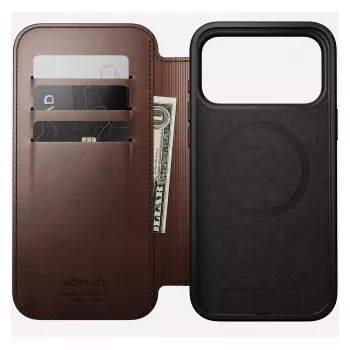 Nomad Modern Leather Folio dėklas iPhone 17 Pro Max — Ruda oda, 6,3 colio ekranas, 4 kortelių kišenės