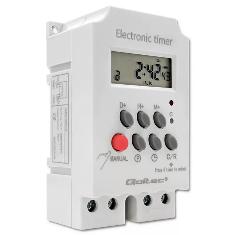 DIN bėgelio elektroninis laikmatis QOLTEC PC0629 — 24V maitinimas, 16A išėjimas