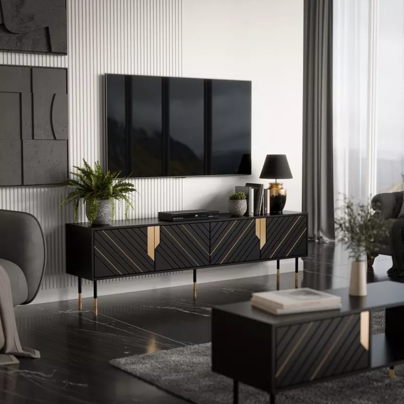 TV spintelė Cama 4D MOUNTAIN 2040×400×550 mm juoda + auksinė medžio drožlių plokštės viršus