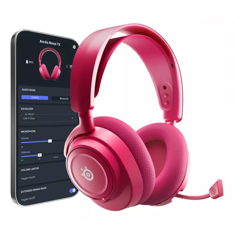 Ausinės STEELSERIES Arctis Nova 7X Wireless Gen 2 – belaidės, Bluetooth, uždengiančios ausis, lankelis ant galvos, 20–20000 Hz, 325 g, rausvai violetinė