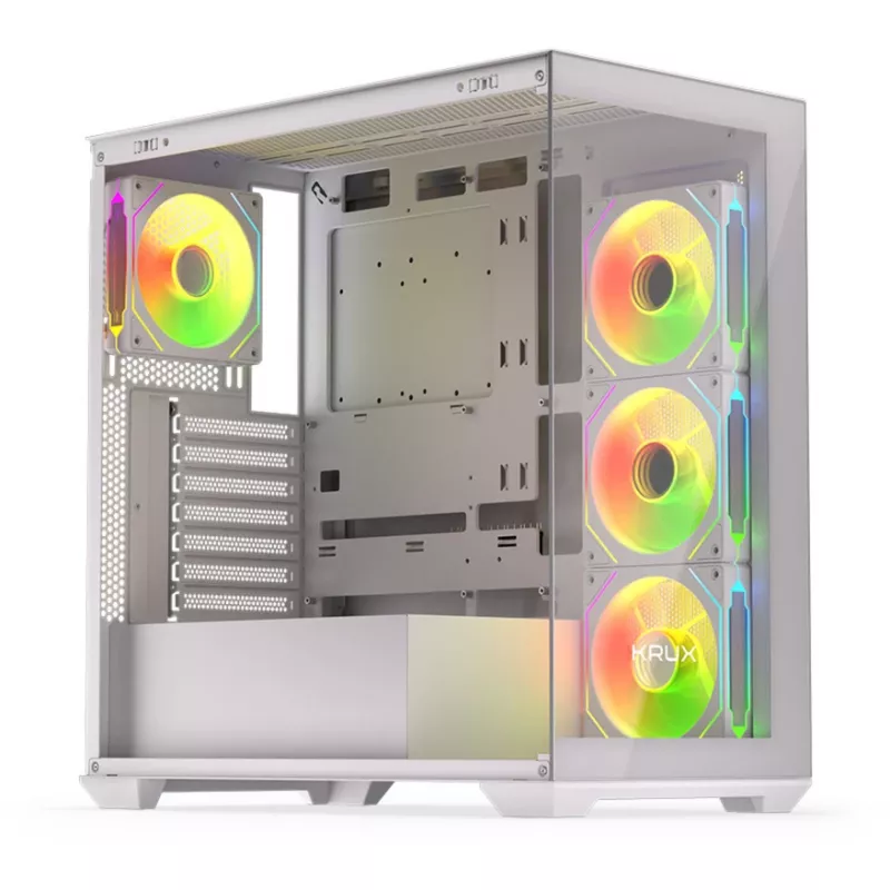 Kompiuterio korpusas KRUX Exo RGB White – ATX bokštas, plienas, 2x3.5 colio + 2x2.5 colio vietos, USB-C, RGB