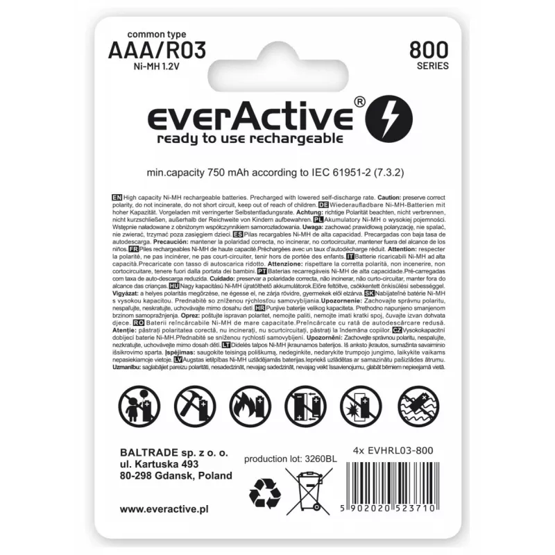 Įkraunamos AAA NiMH baterijos everActive EVHRL03-800 – 1,2 V, 4 vnt., cilindrinės 44,5×10,5 mm