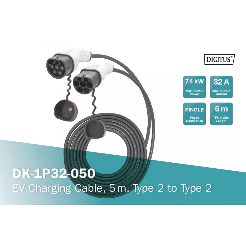 Digitus EV įkrovimo kabelis 5 m 2 tipo į 2 tipą 32 A 240 V