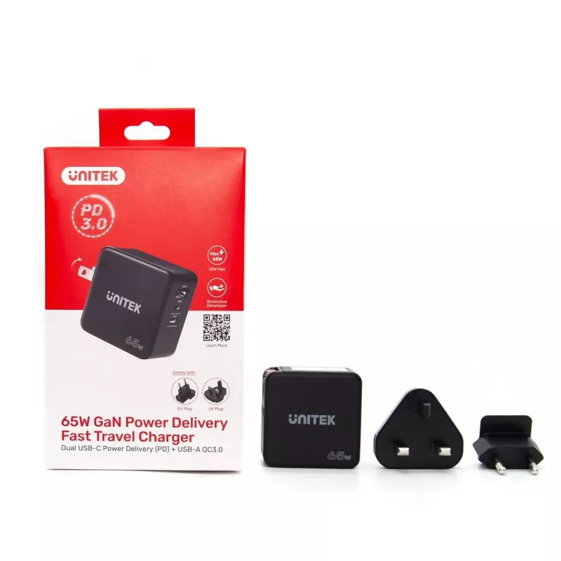 Unitek P1117B USB-C PD 65W Universalus Mobilus Įkroviklis, 2x USB‑C PD + 1x USB‑A, Juodas