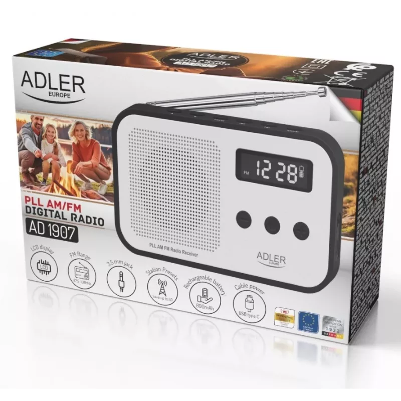 Nešiojamas skaitmeninis radijas Adler AD 1907 – AM/FM, skaitmeninis derintuvas, žadintuvas, USB-C, 600 mAh baterija, LCD, 20 stočių atmintis, teleskopinė antena