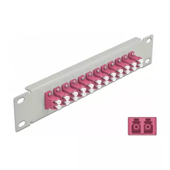 Skaidulinės optikos pataisų skydelis DeLOCK 10 colių 12 prievadų LC Duplex violetinis 1U pilkas