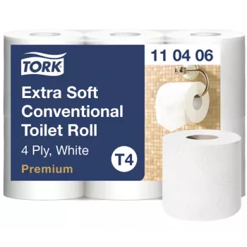 Tualetinis popierius Tork Premium Extra Soft Conventional T4 — 4 sluoksnių rulonai 9,7 cm x 19,1 m, pakuotė 6 vnt.