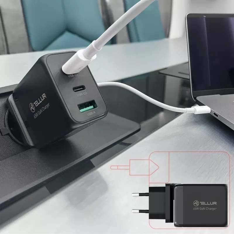 Sieninis įkroviklis Tellur TLL151451 65W, 3 prievadai (2x USB-C, 1x USB-A)