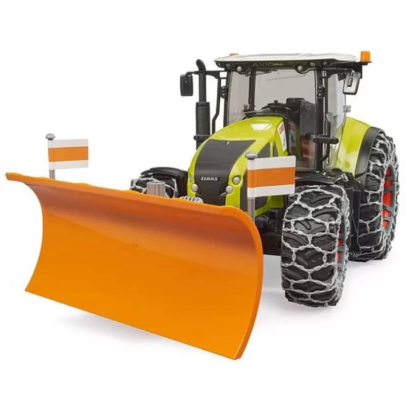 Žaislinis traktorius BRUDER Claas Axion 950 su sniego grandinėmis ir sniego stūmikliu, mastelio modelis