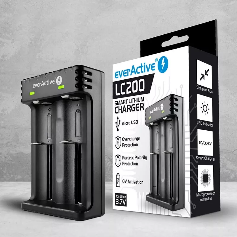 Baterijų įkroviklis everActive LC200 buitinis USB, 2 lizdai, Li-Ion, palaiko A/AA/AAA/AAAA/C/D, 5 V įėjimas, 4,2 V išėjimas, juodas