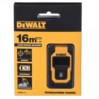 Lazerinis atstumo matuoklis DeWalt DW055PL-XJ, diapazonas 0–16 m, tikslumas ±6 mm, įkraunama baterija 3,7 V, USB laidas