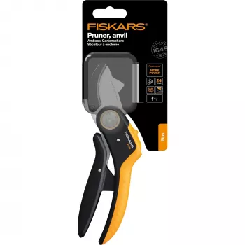 Sodo žirklės Fiskars Plus PowerLever Anvil juodos oranžinės