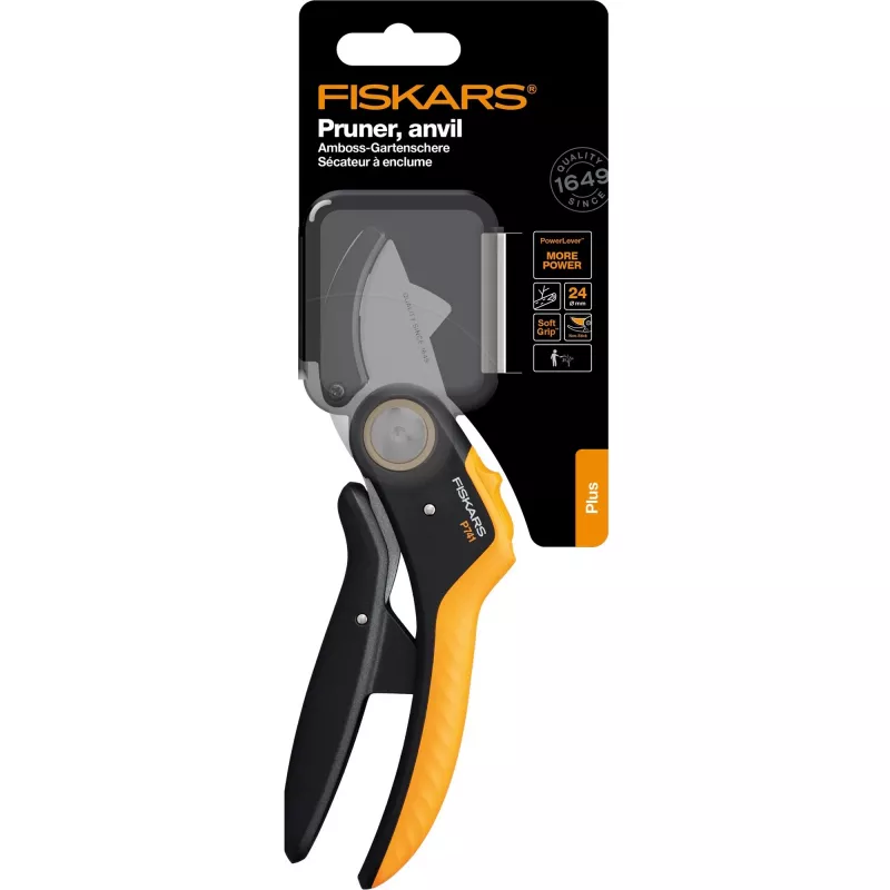 Sodo žirklės Fiskars Plus PowerLever Anvil juodos oranžinės