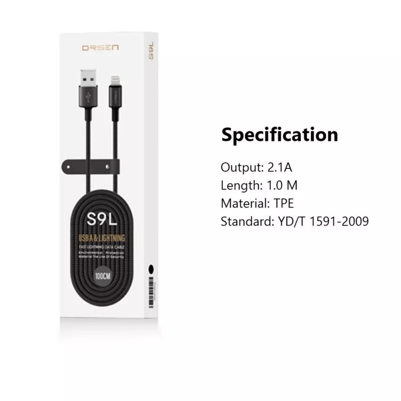 USB-A į Lightning laidas Orsen S9L 1 m 2,1 A – juodas