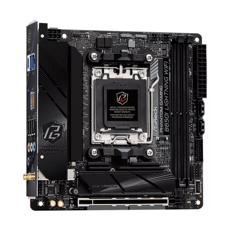 Mini-ITX pagrindinė plokštė ASRock B650I Lightning WiFi — AMD B650, Socket AM5, DDR5, 2 DIMM (iki 96 GB), Wi‑Fi 6E, 2.5Gb LAN
