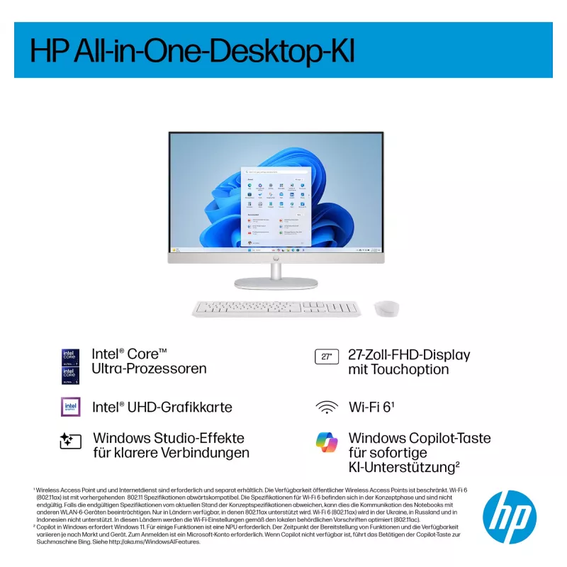 HP AI 27-cr2275ng - Viskas viename (Komplektinis sprendimas) - Core Ultra 7 255U - RAM 16 GB - SSD 512 GB NVMe - Intel Graphics - 1GbE, Bluetooth 5.3, Wi-Fi 6 - WLAN: 802.11a/b/g/n/ac/ax