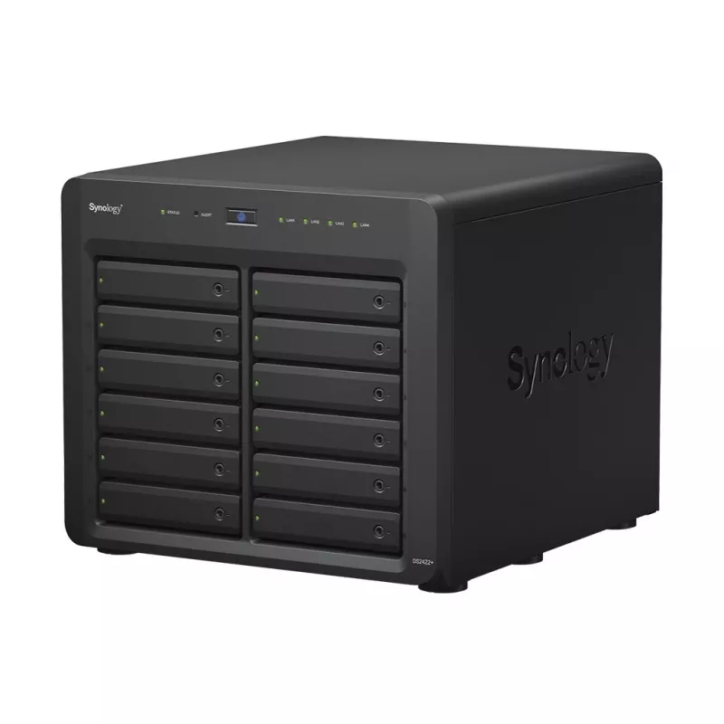 NAS Synology DS2422+; bokštinis; 12x (3,5 SATA HDD/2,5 SATA HDD/2,5 SATA SSD); AMD Ryzen V1500B; 4 GB DDR4 (maks. 32 GB); 4 x 1GbE RJ-45