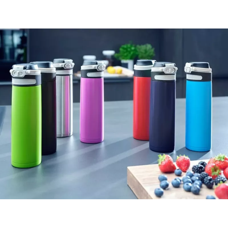 Kelioninis puodelis Leifheit 03275 600 ml nerūdijantis plienas, dvigubos sienelės, sandarus, atverčiamas dangtelis, rankena, juoda/mėlyna