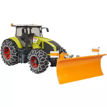 Žaislinis traktorius BRUDER Claas Axion 950 su sniego grandinėmis ir sniego stūmikliu, mastelio modelis