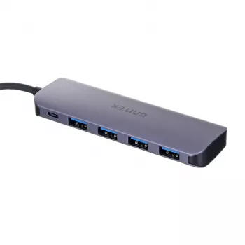 USB šakotuvas Unitek P5+ — 5 prievadų (4 × USB 3.2 Gen 2 Type-A), USB 3.2 Gen 1 pagrindinis, 5 Gbit/s, 10 W PD, aliuminis, pilka