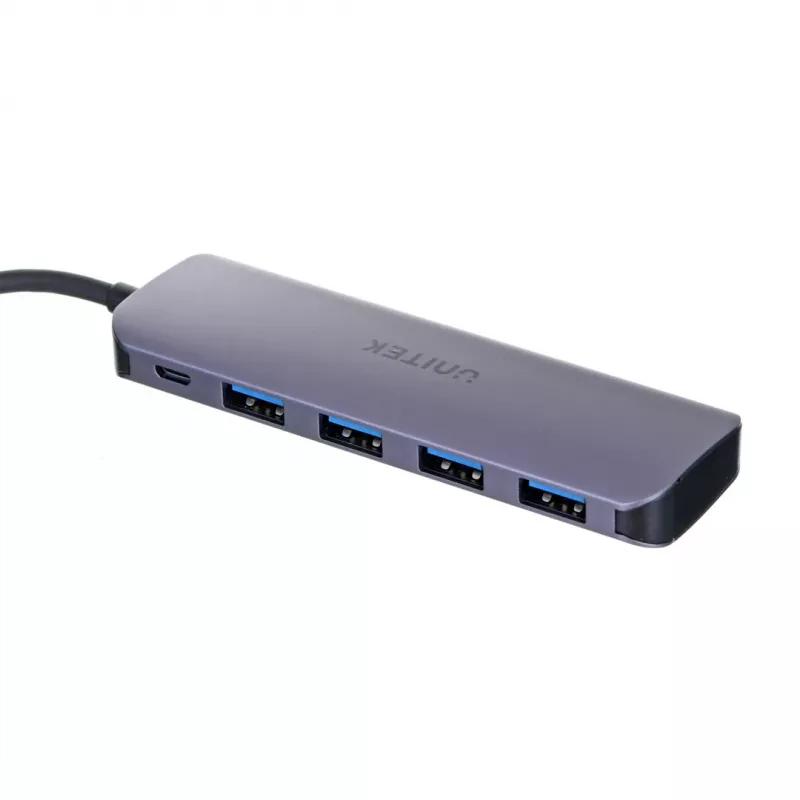 USB šakotuvas Unitek P5+ — 5 prievadų (4 × USB 3.2 Gen 2 Type-A), USB 3.2 Gen 1 pagrindinis, 5 Gbit/s, 10 W PD, aliuminis, pilka