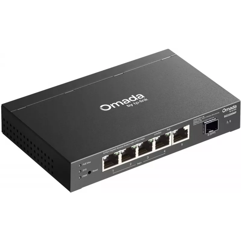 TP-Link SG2206MP L2 Gigabit Ethernet PoE 5 prievadų tinklo jungiklis (5x Gigabit, 1x SFP, PoE+ 4 prievadai, 63W biudžetas)