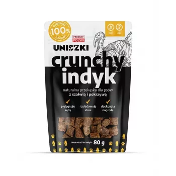 Šunų skanėstai UNISZKI Crunchy Turkey su šalaviju ir dilgėle 80 g – be grūdų, cukraus ir konservantų, dantims naudingi traškūs kąsneliai