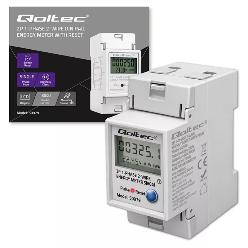 Energijos skaitiklis QOLTEC vienfazis DIN bėgelis 230V (MPN 50979)