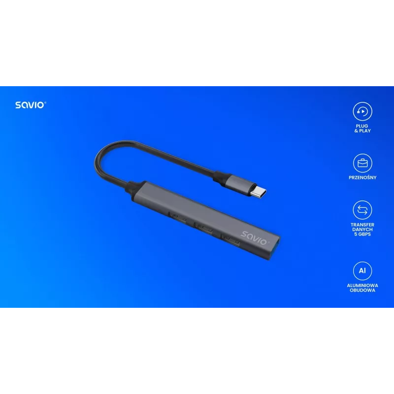 USB 3.0 4 prievadų sąsajos šakotuvas SAVIO AK-71 su USB-C laidu, 5000 Mbit/s, 2 metų garantija