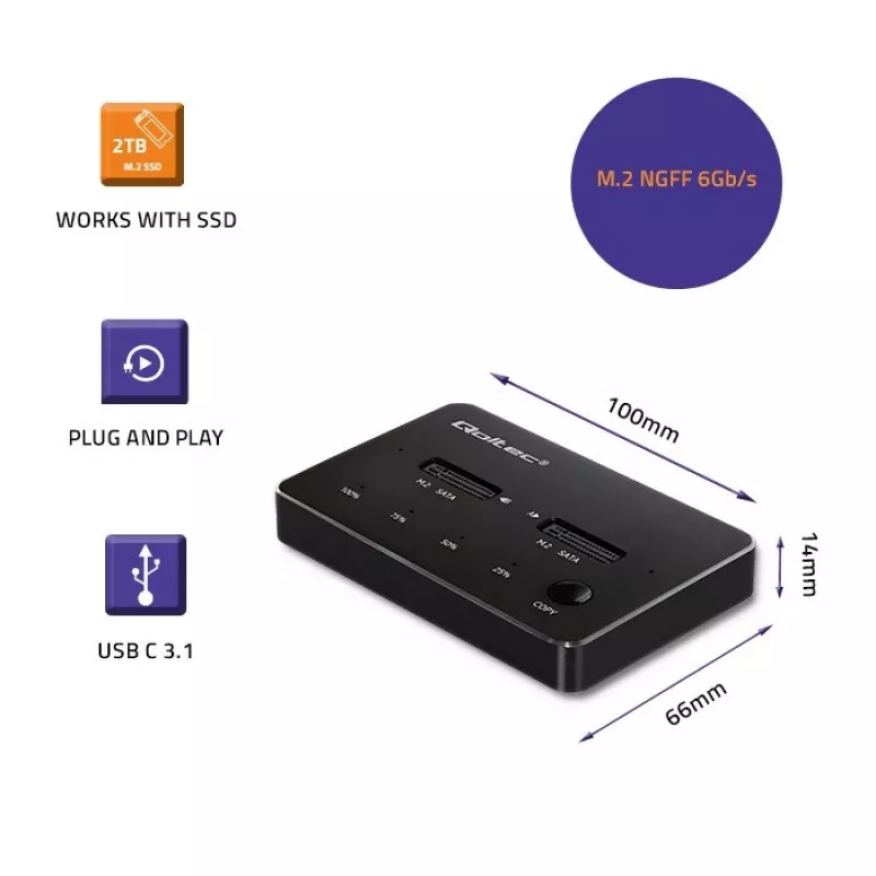 Qoltec 50310 Docking stotis 2x SSD M.2 SATA NGFF USB Type C