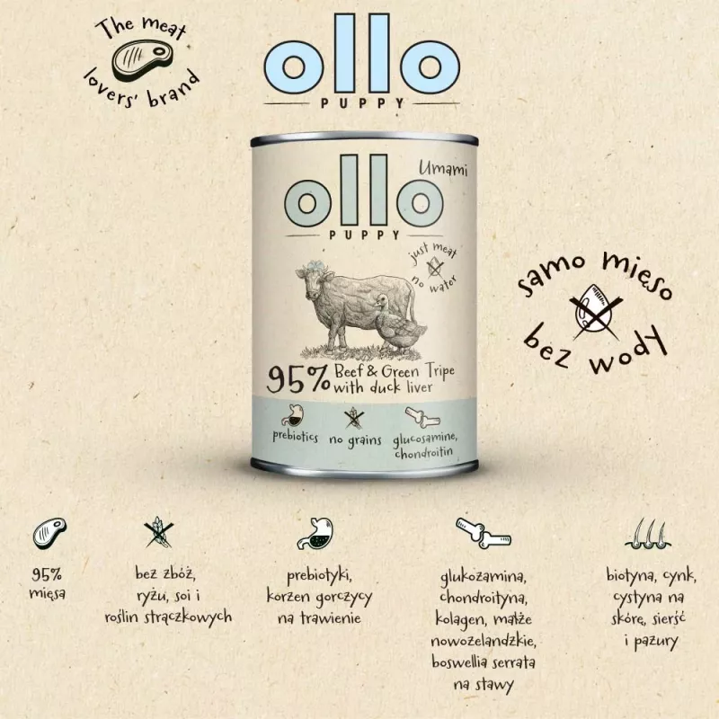 OLLO Puppy Umami jautiena su žaliuoju prieskrandžiu ir anties kepenėlėmis - šlapi šunų ėdalas - 400g