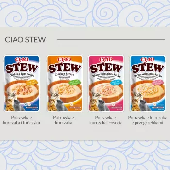 Šlapieji skanėstai katėms INABA Ciao Stew Vištiena ir Jūros šukutės maišelis 40 g – be grūdų, suaugusioms, mėsingi