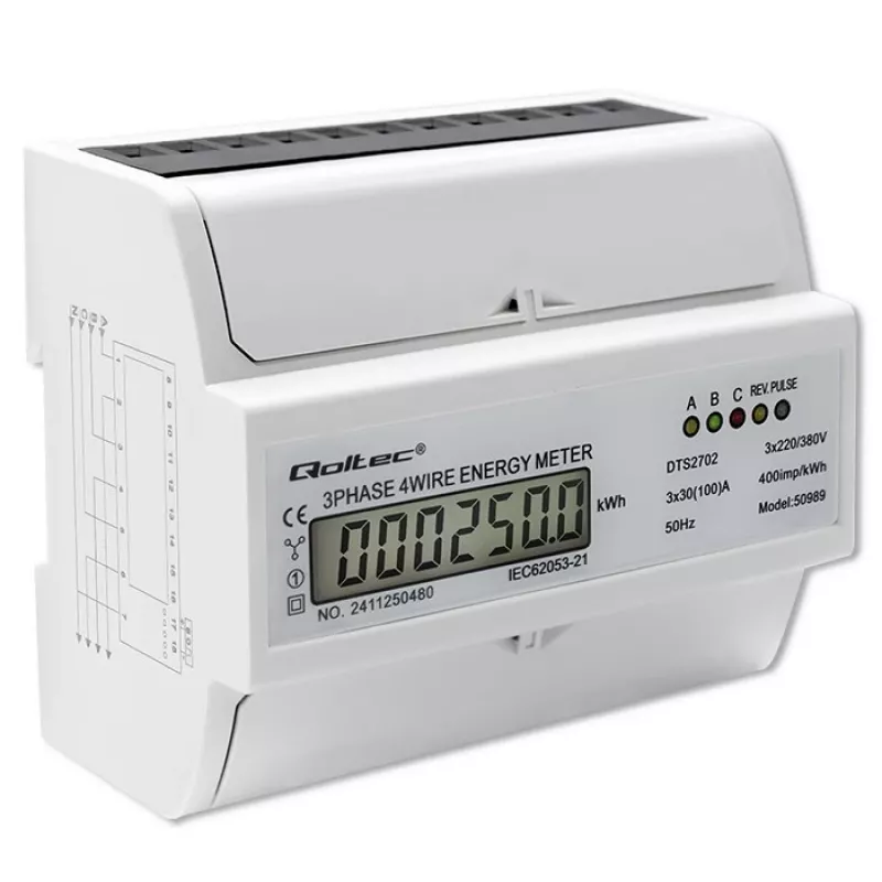 Qoltec Trifazis Dvikryptis Elektroninis Skaitiklis | DIN bėgio energijos suvartojimo matuoklis | 400V | 100A | LCD | 4P