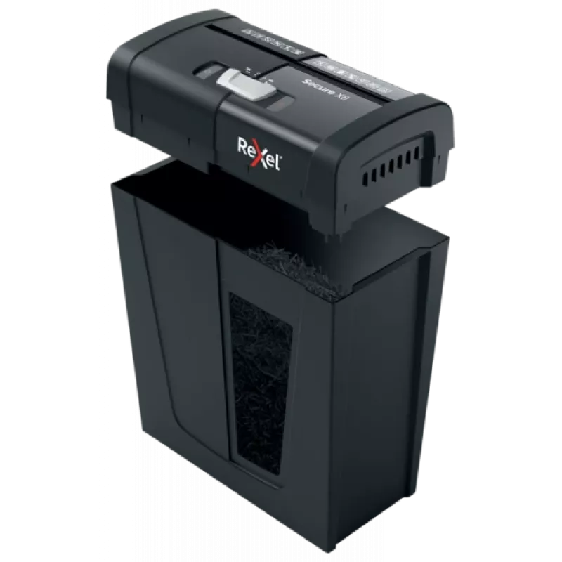Popieriaus smulkintuvas REXEL Secure X8 – kryžminis pjovimas P-4, 4x40 mm, 8 lapų talpa, 14 L krepšelis, juodas