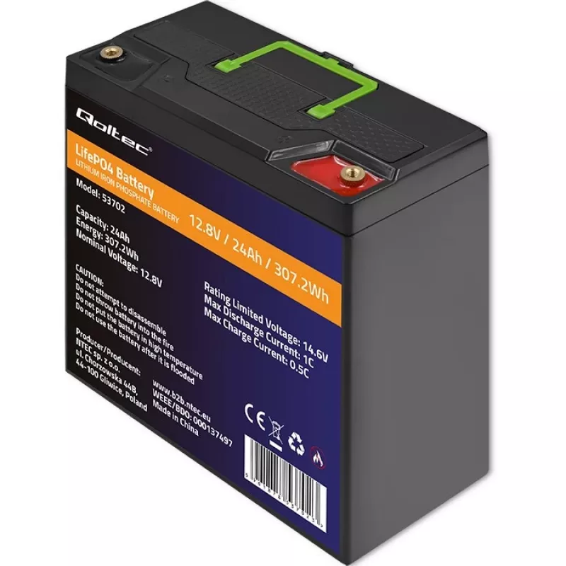 Qoltec 53702 LiFePO4 ličio geležies fosfato baterija | 12.8V | 24Ah | 307.2Wh | BMS