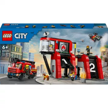 Konstruktorius LEGO City Gaisrinė su sukamu kopėčių automobiliu 60414 — 843 detalės, 5 minifigūrėlės, 220×320×140 mm