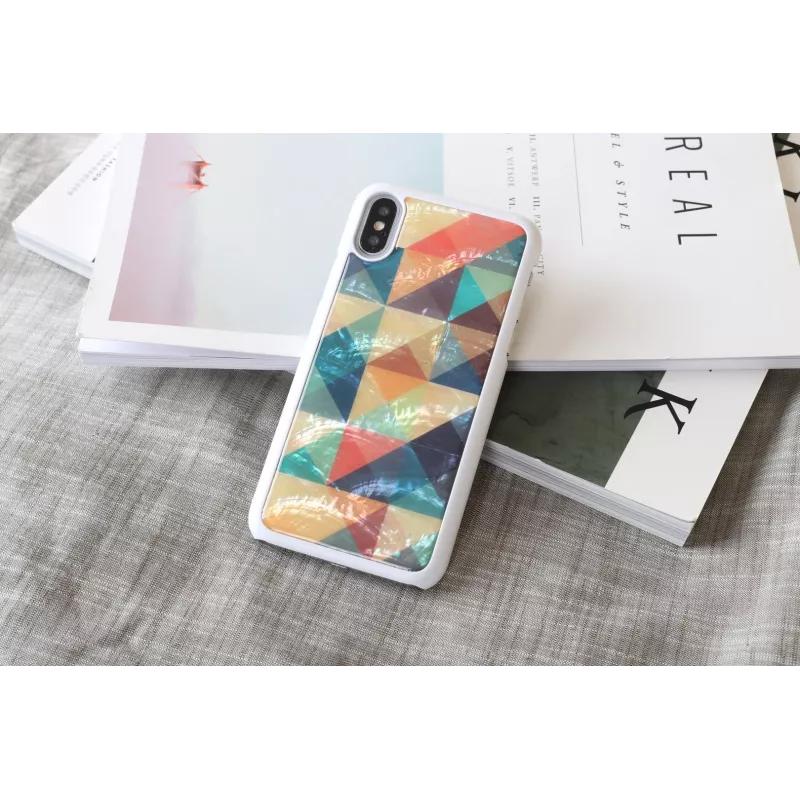 Apsauginis dėklas iKins iPhone XS / X mozaikinis baltas – kietas nugarėlė, dekoratyvus raštas