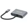Manhattan USB-C dokų stotelė / šakotuvas, 4 prievadai: HDMI, USB-A, USB-C ir VGA, su Power Delivery (PD) 87W – reikalingas išorinis USB-C įkroviklis (neįtrauktas). Maitinama per USB (nereikia išorinio maitinimo šaltinio), kai PD nenaudojamas. Aliuminis