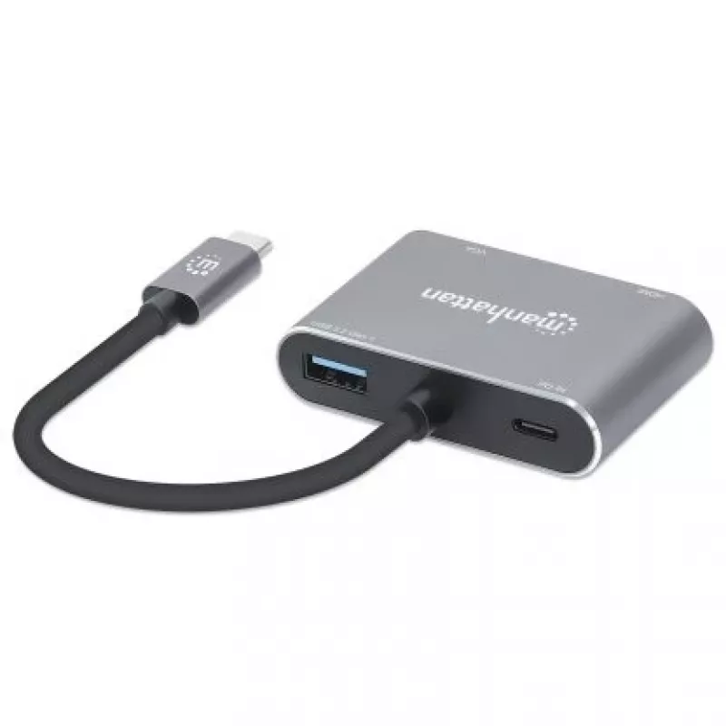 Manhattan USB-C dokų stotelė / šakotuvas, 4 prievadai: HDMI, USB-A, USB-C ir VGA, su Power Delivery (PD) 87W – reikalingas išorinis USB-C įkroviklis (neįtrauktas). Maitinama per USB (nereikia išorinio maitinimo šaltinio), kai PD nenaudojamas. Aliuminis