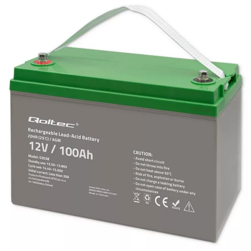 Qoltec 53038 AGM akumuliatorius | 12V | 100Ah | max 1200A