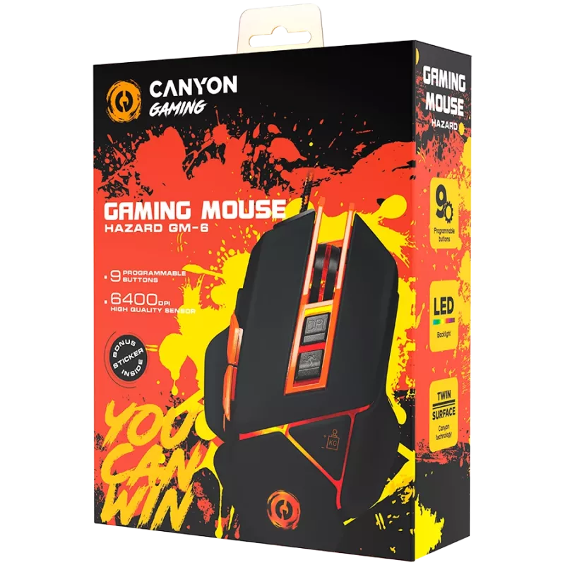 CANYON pelė Hazard GM-6 LED laidinė juoda oranžinė