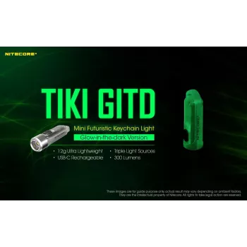 Raktų pakabuko žibintuvėlis Nitecore TIKI GITD Pilka – USB įkraunamas, 1 lm, 55 mm, 12 g, IP66