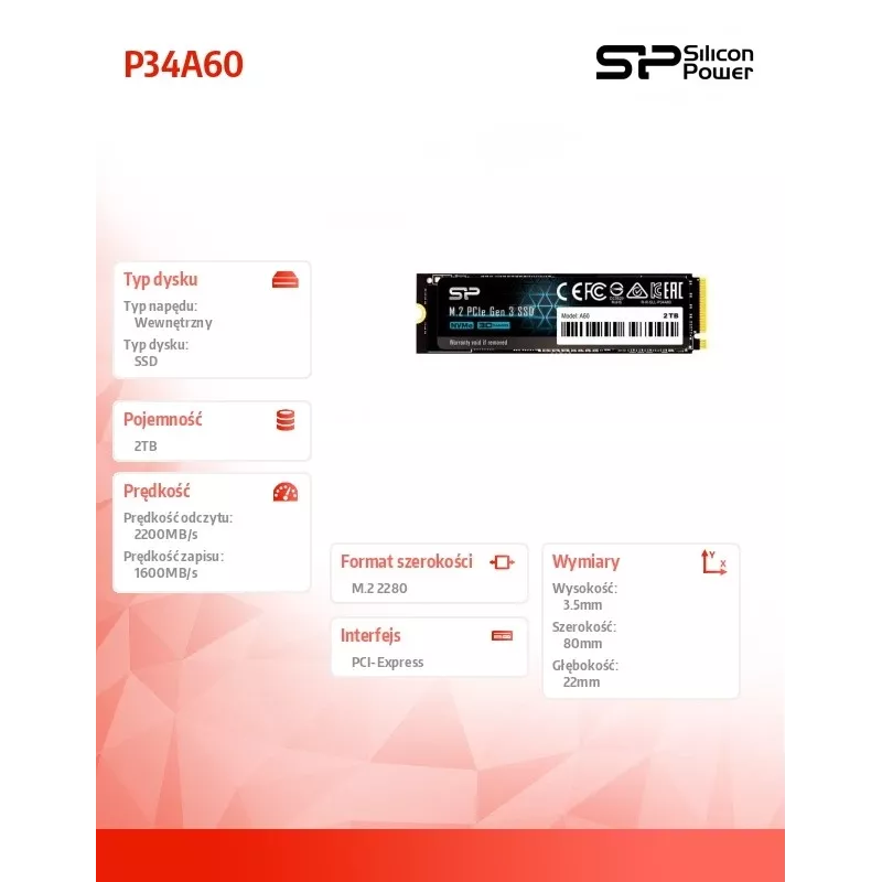 SSD M.2 NVMe Silicon Power P34A60 2 TB, PCIe 3.0 x4, skaitymas 2200 MB/s, rašymas 1600 MB/s