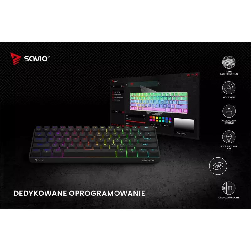 Mechaninė žaidimų klaviatūra SAVIO BLACKOUT X2 PEACH — 61 klavišas 60% QWERTY, RGB LED, hot-swap, USB Type-A/Type-C, atjungiamas laidas