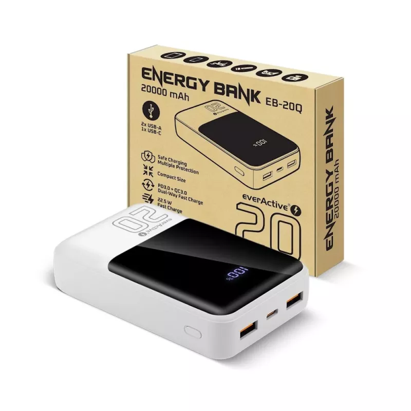 Powerbank everActive EB-20Q 20000 mAh, 2x USB išėjimai, 22.5W QC4.0 greitas įkrovimas