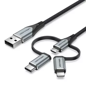 Vention USB 2.0 A vyriškas į 3-in-1 Micro-B, USB-C, Lightning vyriškas laidas 1 m pilkas aliuminio lydinio