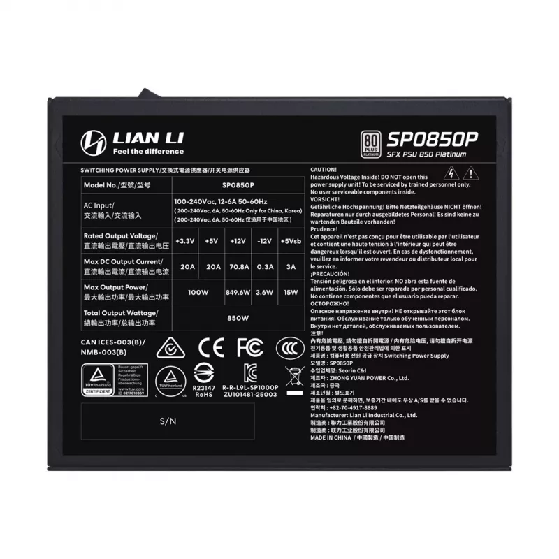 Maitinimo blokas Lian Li SP Series Platinum SFX 850W pilnai modulinis PCIe 5.1 ATX 3.1 (G9P.SP0850P.B000.EU)